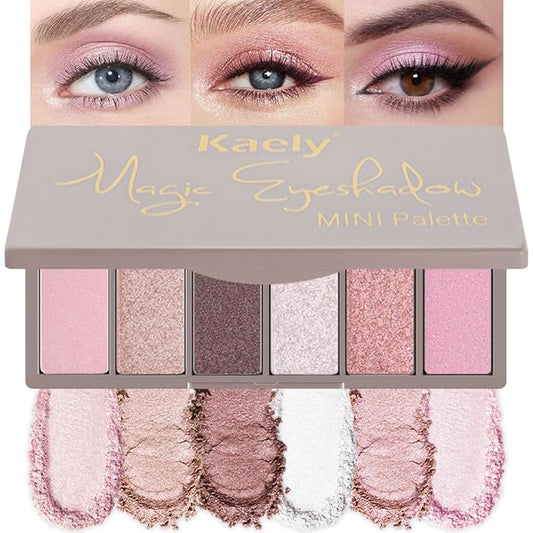 evpct 6 Colors Travel Eye Shadow Palette Makeup, Light Baby Pink Champagne Mink Mauve Pearl White Rose Shimmer Glitter Sparkly High Pigment Mini Eyeshadow Palette for Older Women, Built in Mirror