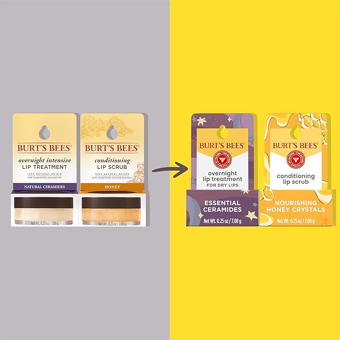 Burt's Bees Conditioning Lip Scrub and Overnight Intensive Lip Treatment, With Ceramides, Exfoliates and Hydrates Lips 8 Hours, Natural Origin, 2 Jars, 0.25 oz
