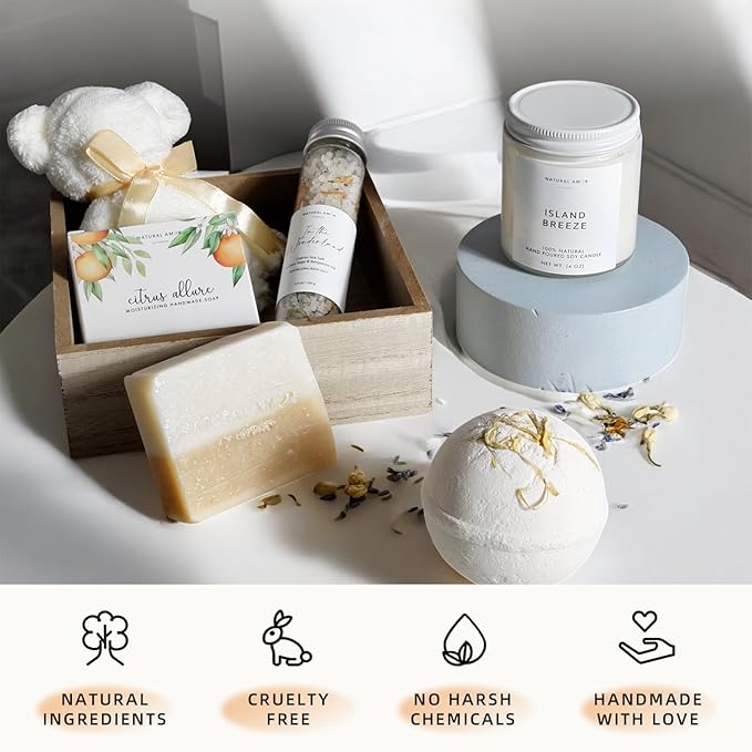 Natural Amor Handmade Spa Gifts for Women, Relaxing 5pcs Spa Gift Set for Women Including Citrus Handmade Soap Bar, Soy Candle, Bath Salt, Bath Bomb