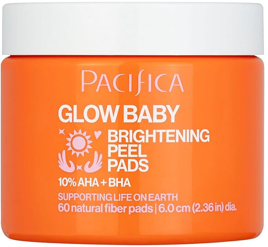 Pacifica Glow Baby Brightening Peel Pads 10% AHA + BHA Exfoliating Face Pads for Glowing Skin Resurfacing Glycolic Acid & Salicylic Acid Pad to Smooth Texture & Minimize Pores Fragrance Free 60 Count
