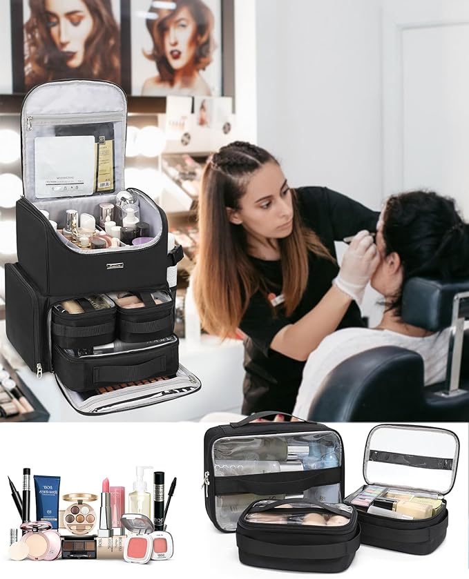 Relavel Makeup Backpack Large Makeup Bag with 3 Clear Set Bags, Dual Layer Professional Cosmetic Organizer Travel Train Case Makeup Artist Kit with Adjustable Dividers & Easy to Clean Lining, Black
