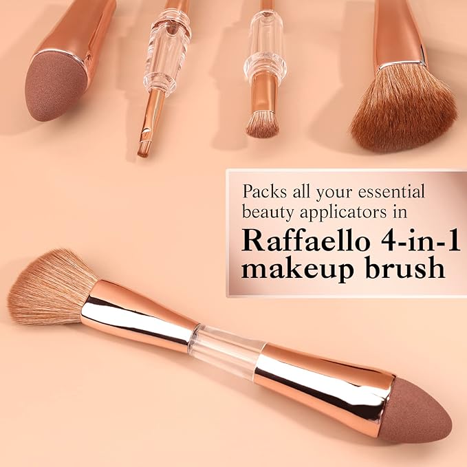 Raffaello 4-in-1 Travel Makeup Brush, Multi-use Makeup Sponge, Eyeshadow, Eyebrow, Liner & Blush Blending Brush for Foundation, Concealer, Powder, Vegan, Dual-Ended Make Up Brush Set (1pcs RoseGold)