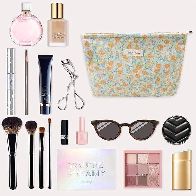 Wudygirl Aesthetic Cosmetic Bag Travel Toiletry Bag Makeup Bag Canvas Makeup Pouch Toiletry Bag for Women and Girls Large Capacity Makeup Bag Floral Pencil Pouch with Zipper (Yellow Floral)