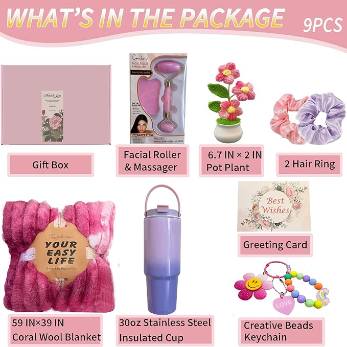9PCS Birthday Gifts for Women Spa Care Package, Unique Self Care Get Well Soon Gifts Basket, Gift Set for Women After Surgery, Best Birthday Gift for Wife Grandma Friend Sister Her