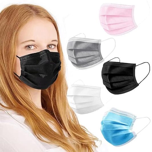 100Pcs 5 Color Disposable Face Mask, 3 Ply Breathable Masks with Soft Elastic Ear loops