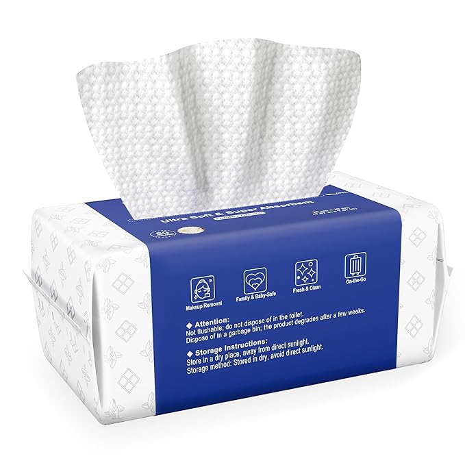 Ourmed Life Face Towels, Thicker Disposable Biodegradable Clean Face Wipes for Sensitive Skin, Lint- free Face Cloths for Makeup Remover, Skincare and Women Cleaning, Dry Wipes, 80 Count Dot Texture