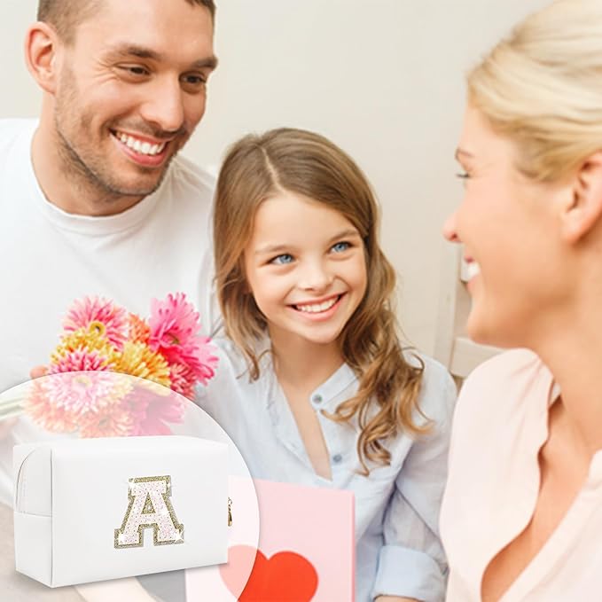 Small Initial Patch Makeup Bag Personalized Gifts Make Up Bag,White Cute PU Leather Glitter Letter Cosmetic Bag with Zipper,Trendy Portable Travel Toiletry Pouch,Preppy Stuff for Teen Girls Women A