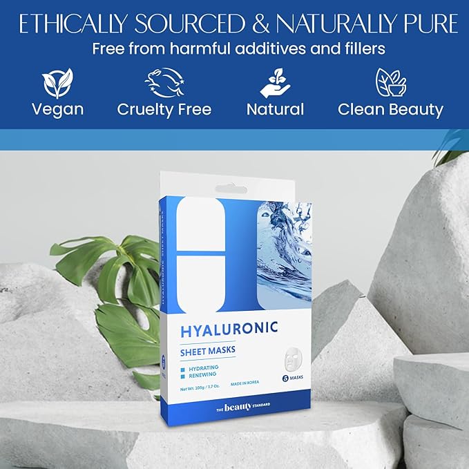 Hyaluronic Acid Sheet Face Mask - Skin Firming, Anti-Aging, Moisturizes & Plumps Skin - Dermatologist Tested, Cruelty-Free Korean Skin Care for All Skin Types - 5 Masks (2 Pack)