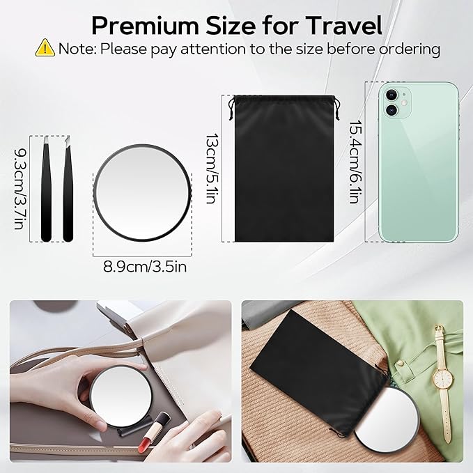 MIYADIVA Magnifying Mirror Set, 20x&30x&40x Suction Cup Makeup Mirror, 2 Tweezers & Storage Bag, 3.5 Inch Compact Mirror for Travel, Bathroom, Home, Gifts for Women