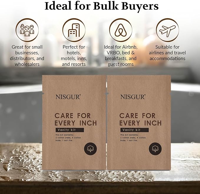 Cotton Pad Cotton Swab and Nail File Kit Kraft Paper Individually Wrapped 100 PCS Hotel Vanity Kit Hotel Supplies and Toiletries Bulk