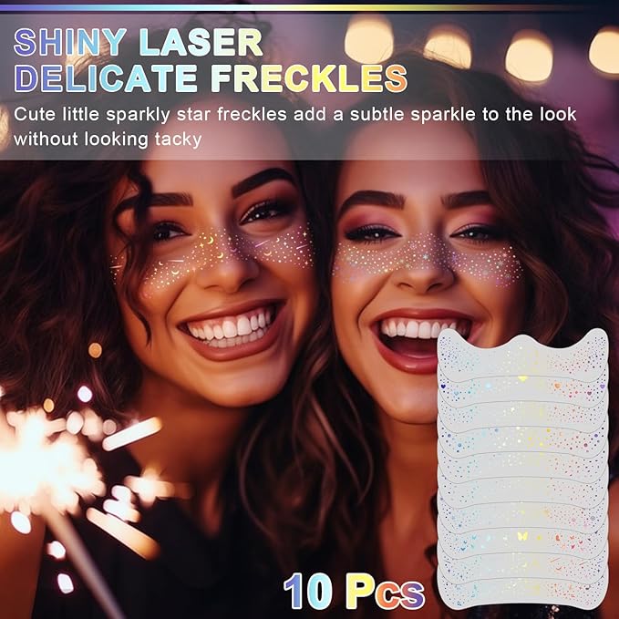 10Pcs Face Makeup Patches, Glitter Freckles Face Tattoo for Teenagers & Young Women, Sparkle Freckles Makeup Patches, Waterproof Face Glitter Freckles for Christmas (10PcsA Holographic Multicolor)