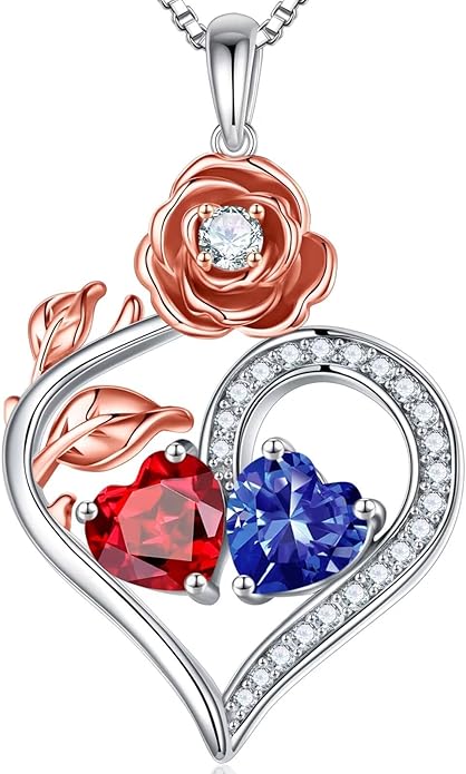 Iefil Rose Heart Birthstone Necklaces for Women - 925 Sterling Silver Double Birthstone Necklace, Anniversary Birthday Gifts for Women, Jewelry Gifts for Wife Her