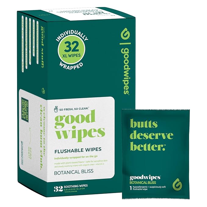 goodwipes Flushable Wipes - Individually Wrapped Butt Wipe for On-the-Go Adults - Portable Mini Wipes - Travel Essentials - Sewer & Septic Safe - Botanical Bliss, 32 Count (1 Pack)