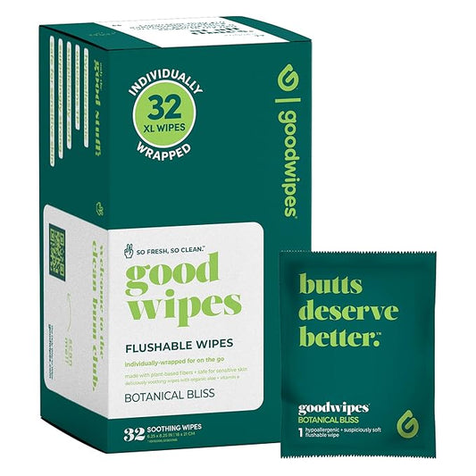 goodwipes Flushable Wipes - Individually Wrapped Butt Wipe for On-the-Go Adults - Portable Mini Wipes - Travel Essentials - Sewer & Septic Safe - Botanical Bliss, 32 Count (1 Pack)