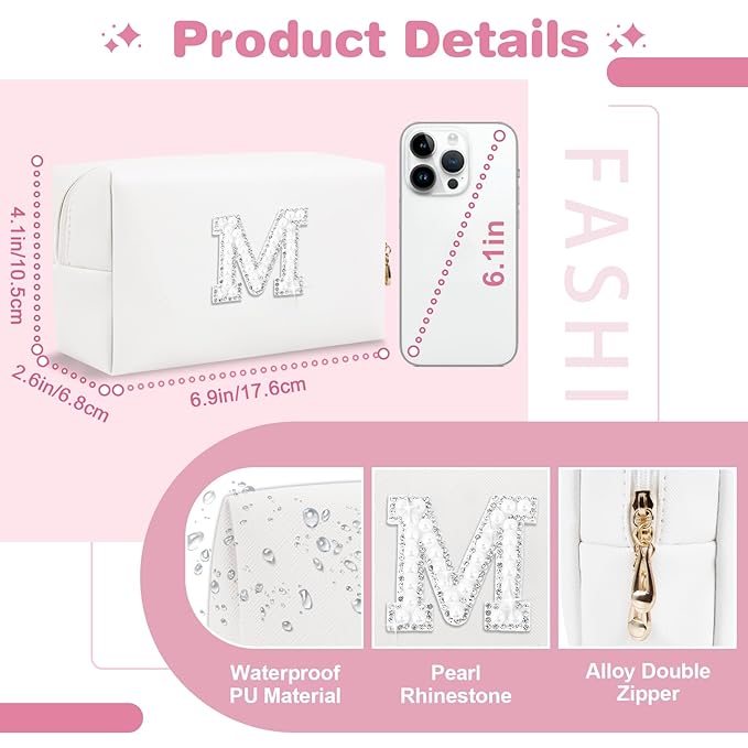 Bride Gifts – Personalized Initial Makeup Bag with Pearl Rhinestone Patch, Preppy White Monogram Cosmetic/Toiletry Pouch, bridesmaid Gifts, Bridal Shower Gifts, Wedding Gifts, Bridal Gifts,M
