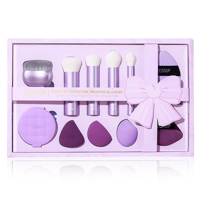 Jessup Premium Makeup Gift Set for Women Teen Girl, 11Pcs Gift Box Kabuki Brush, Makeup Sponge, Powder Puff, Brush Cleaner Mat with Soap, Perfect Present for Birthday Graduation, Luxury Purple T885