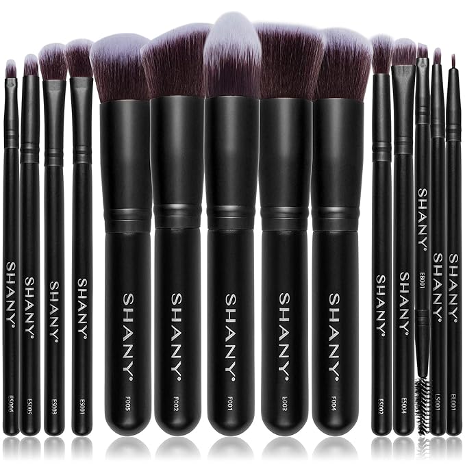 SHANY Makeup Brushes - Black Bombshell - 14-Piece Brush Set – Foundation Powder Concealers Eye Shadows Makeup brushes - Complete Kabuki Makeup Brush Set in Black - 14 PCS