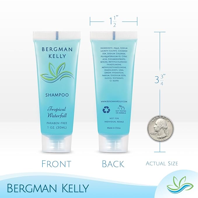 Bergman Kelly Hotel Toiletries Bundle (Tropical Waterfall, 1 oz each, 40 Pcs) 4-Piece Set: 10 Rectangular Bar Soap, 10 Shampoo, 10 Conditioner & 10 Body Lotion - Bulk Mini Guest Amenities Supply