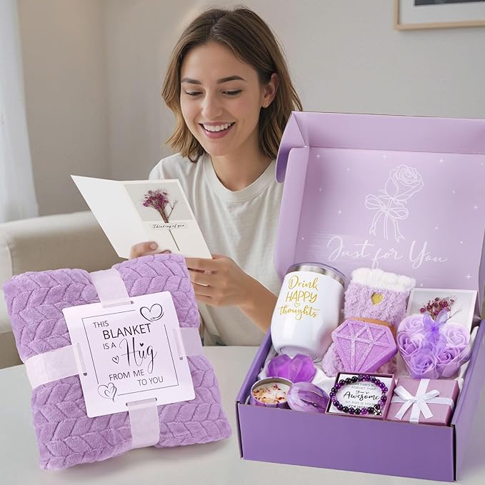 Birthday Gifts for Women Self Care Gift Set, Purple Relaxing Spa Gift Baskets Care Package Get Well Soon Gifts, Unique Christmas Gifts for Mom Her Sister Friend Wife Grandma Girlfriend