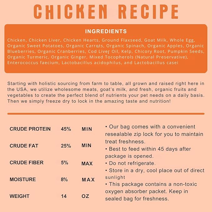 Freeze Dried Raw Dog Food, Chicken Recipe, All Natural, No Synthetics, Made in USA with Goat's Milk & Organic Produce, High Protein, Complete Meal (48oz)