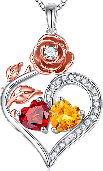 Iefil Rose Heart Birthstone Necklaces for Women - 925 Sterling Silver Double Birthstone Necklace, Anniversary Birthday Gifts for Women, Jewelry Gifts for Wife Her