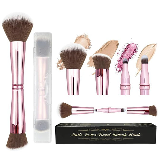 4 in 1 Makeup Brush Set - All in One Powder/Blush, Foundation, Blending & Eyeshadow Brushes, Compact & Travel Essential