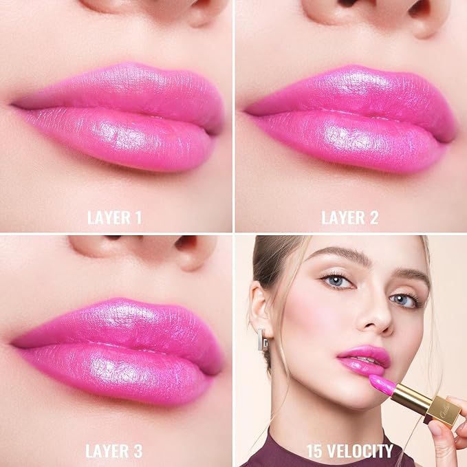 Oulac Pink Lipstick for Women with Metallic 3D Shine Lightweight Hydrating Formula, High Impact Lip Color, Full Coverage Lip Makeup, Christmas Gifts for Women, Velocity(15)