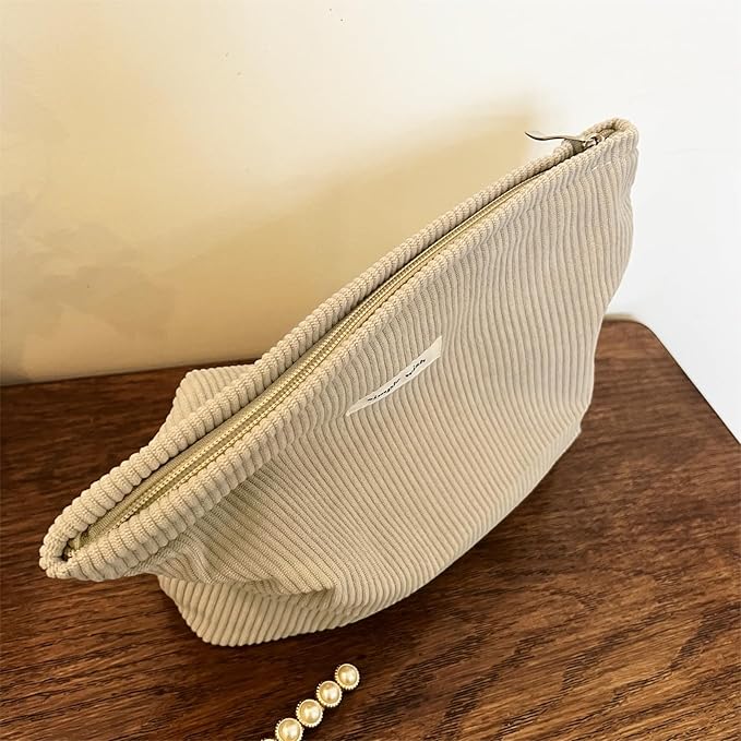 Wudygirl Makeup Bag Corduroy Cosmetic Bag for Women Large Capacity Makeup Pouch Travel Toiletry Bag Portable Makeup Organizer Zipper Handbag Pouch (Khaki)