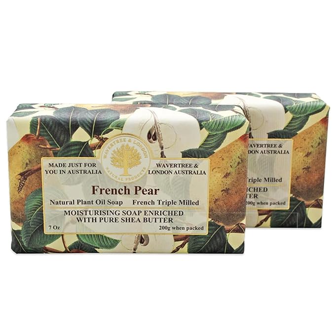 Wavertree & London French Pear Scented Natural Soap (2 Bars), 7oz Moisturizing French Triple Milled Soap Bars enriched with shea butter - Pure Plant Based Bath & Body Bars for All Skin Types