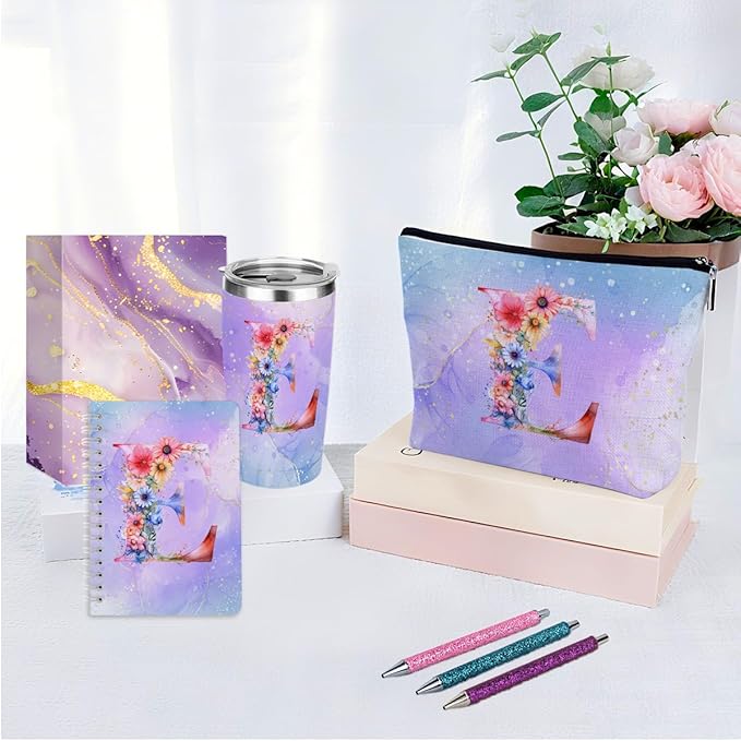 Personalized Gifts Monogrammed Birthday Gifts for Women, Daughter Bestie Friendship Christmas Initial 20 oz Tumbler, Makeup Bag Cup Ballpoint Pens Journal Notebook 6 Set, (Aesthetic Purple Flower E)
