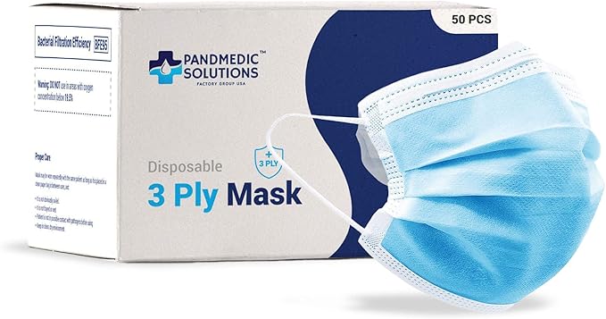 PandMedic Disposable Face Mask Made in USA | Premium Medical American 3 Ply Safety Face Masks Breathable with Elastic Ear Loops - 50ct Box