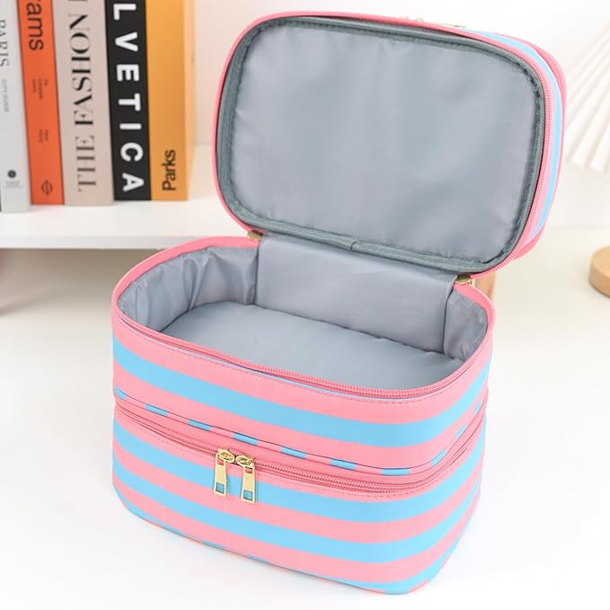 Three Layer Makeup Bag for Women Fashion Stripes Cosmetic Bag Preppy Style Travel Water-Resistant Toiletry Bag for Storage Toiletries Cosmetics Sets for Women Teen Girls Blue