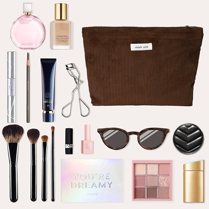 Wudygirl Makeup Bag Cosmetic Bags for Women Large Capacity Travel Toiletry Bag Corduroy Makeup Bag Organizer Zipper Pouch (Coffee)