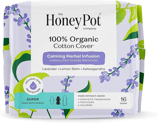 Honey Pot 100% Organic Cotton Cover Calming Herbal Infusion Super Pads, 16 Count