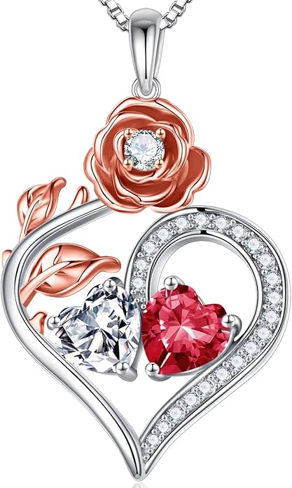 Iefil Rose Heart Birthstone Necklaces for Women - 925 Sterling Silver Double Birthstone Necklace, Anniversary Birthday Gifts for Women, Jewelry Gifts for Wife Her