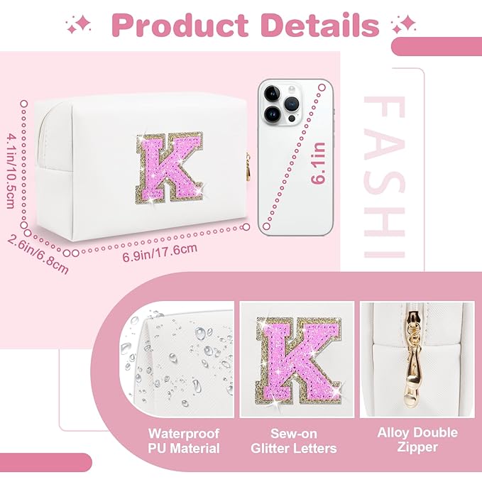 Small Initial Patch Makeup Bag Personalized Gifts Make Up Bag,White Cute PU Leather Glitter Letter Cosmetic Bag with Zipper,Trendy Portable Travel Toiletry Pouch,Preppy Stuff for Teen Girls Women K