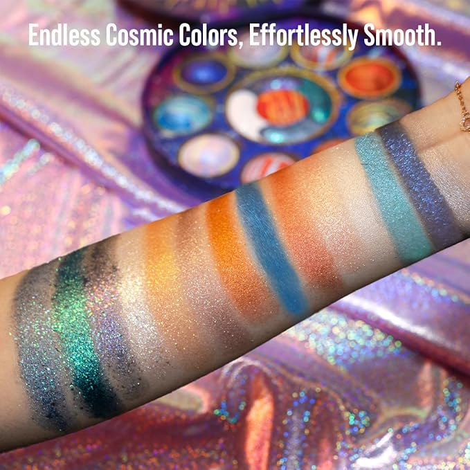 Galactic Assemble Eyeshadow Palette 14 Colors Glitter Shimmer Metallic Eye Shadow Pallet Blue Galaxy Eye Makeup Palettes Create Space-like Eyes Make up Orange Gifts for Women Girls