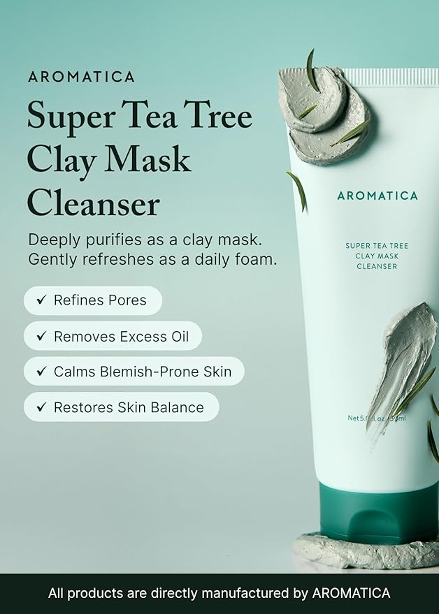 AROMATICA Super Tea Tree Clay Mask Cleanser, Blackhead Remover & Pore Minimizer for Face, Korean Face Wash with Tea Tree Oil, 2 In 1 Acne Skin Care Clay Mask & Cleanser, Oil control (5.0 fl oz)