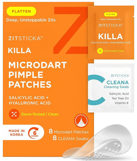 ZitSticka Killa Pimple Patches for Face - World's Most Potent Pimple Patch with Fast-Acting Microdarts - Starts Working within 6 Hours for Deep, Early-Stage Zits - Regular 8 Count with Cleana Swab