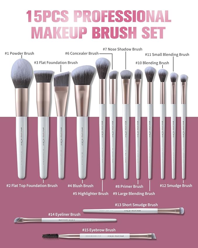 EIGSHOW Makeup Brushes Set, 15Pcs Professional Make Up Brush with Silver Ion Bristles for Foundation Powder Blush Highlighter Concealer Eyeshadow Eyeliner, Travel Gift Set (Champaign Gold)