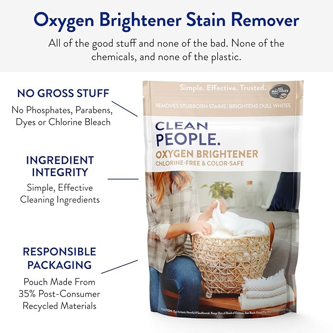 The Clean People Oxygen Brightener Stain Remover | Bleach Alternative, Simple Ingredients, Brightens Dull Whites AND Colors | 41 oz