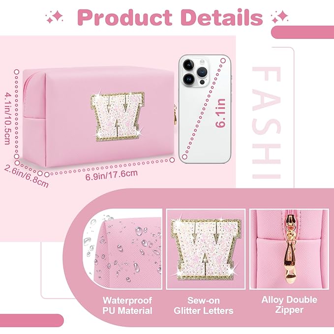 Small Personalized Initial A-Z Patch Makeup Bag,Pink Cute PU Leather Glitter Letter Cosmetic Bag for Teen Girls,Travel Toiletry Bag with Zipper,Preppy Monogrammed Birthday Gift for Daughter Niece W