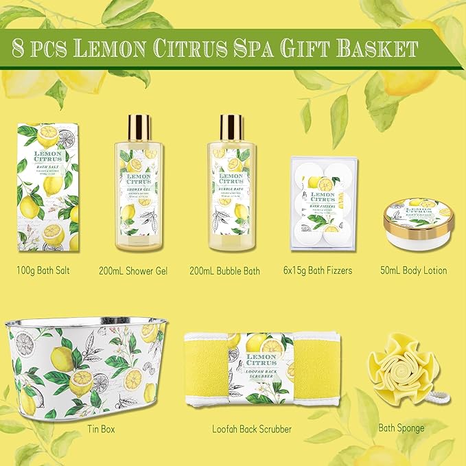 Bath Gift Set, Lemon Citrus Spa Gift Basket for Women, Includes Shower Gel, Bubble Bath, Body Lotion, Bath Frizzes 8 Pcs, Great Gift Idea for Her Birthday