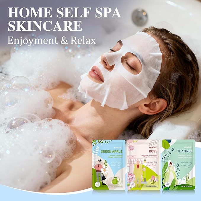 54 Pack Bulk Sheet Face Masks Skincare, Hydrating and Moisturizing Face Mask for All Skin Types, Collagen Facial Masks for Skin Care, Christmas Gifts, Stocking Stuffers for Women (9 Types x 6 Pcs)