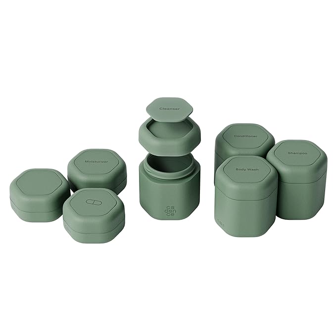 Cadence Travel Containers - Daily Routine Capsule Set - Magnetic Containers with Lids,4 Flex Mediums (1.32oz) & 3 Flex Smalls (0.56oz) - Shampoo, Conditioner, Body Wash, Pills, & More - Eucalyptus