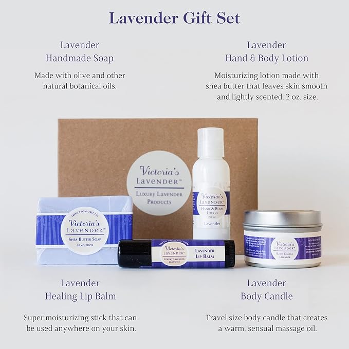 Victoria's Lavender Gift Set - Handmade Soap, Hand & Body Lotion, Lip Balm, Body Candle Luxury Lavender Products, Ideal Pamper Gifts for Women & Spa Gift - Made in the USA Lavender Set
