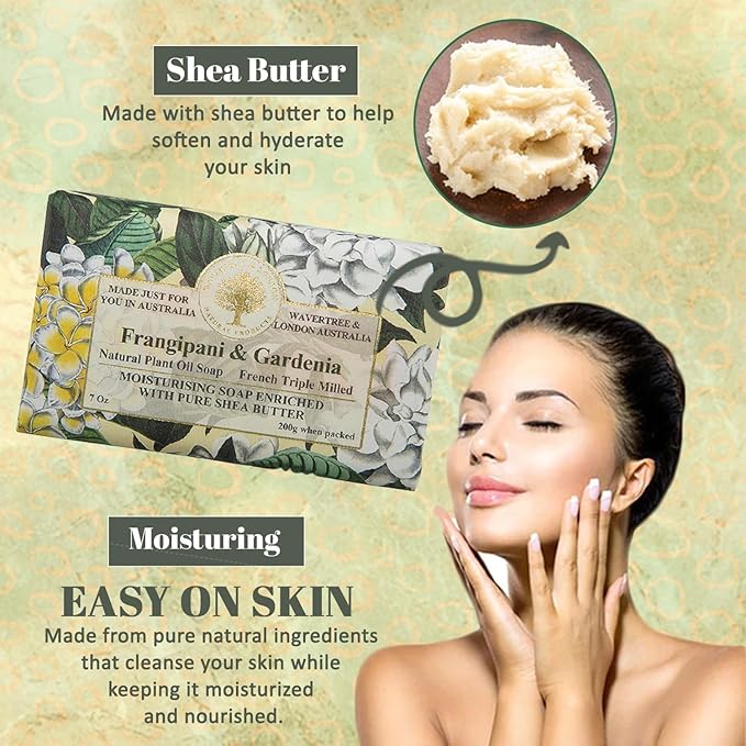 Wavertree & London Frangipani Gardenia Scented Natural Soap (2 Bars), 7oz Moisturizing French Triple Milled Soap Bars enriched with shea butter - Pure Plant Based Bath & Body Bars for All Skin Types