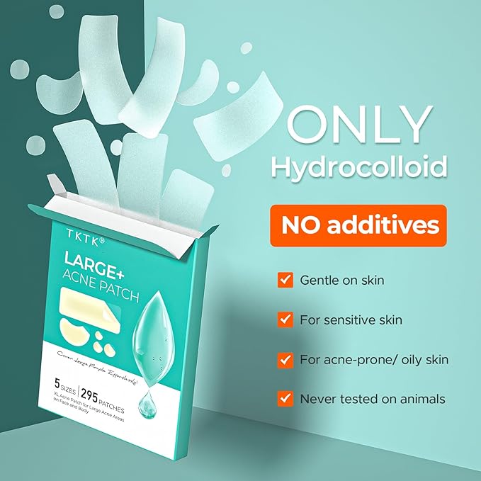 TKTK Large Pimple Patches for Face, 68 x 27 mm XL Hydrocolloid Bandages, Big Acne Patches for Body, Forehead, Chin, Nose, Chest and Back Blemish Zit Breakouts (Strip, Contoured, Dot 5 Sizes 295 Count)
