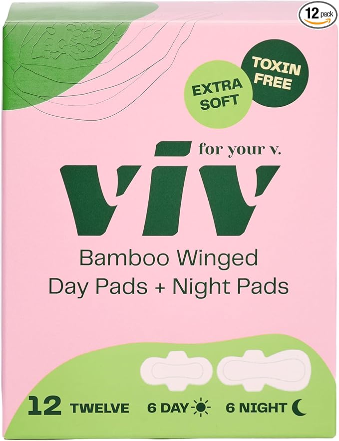 Viv for Your V Bamboo Organic Day & Overnight Pads for Women | (6) Regular (6) Super Sanitary Pads with Wings | Soft, Unscented | Regular & Super Absorbency Bundle