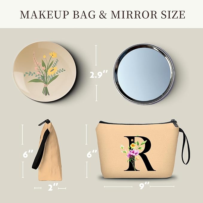 Women Birthday Maid of Honor Monogrammed Gifts for Bride Bridesmaid Sister Friend Her Teacher Makeup Cosmetic Bag with Mirror Mothers Day Christmas Graduation R